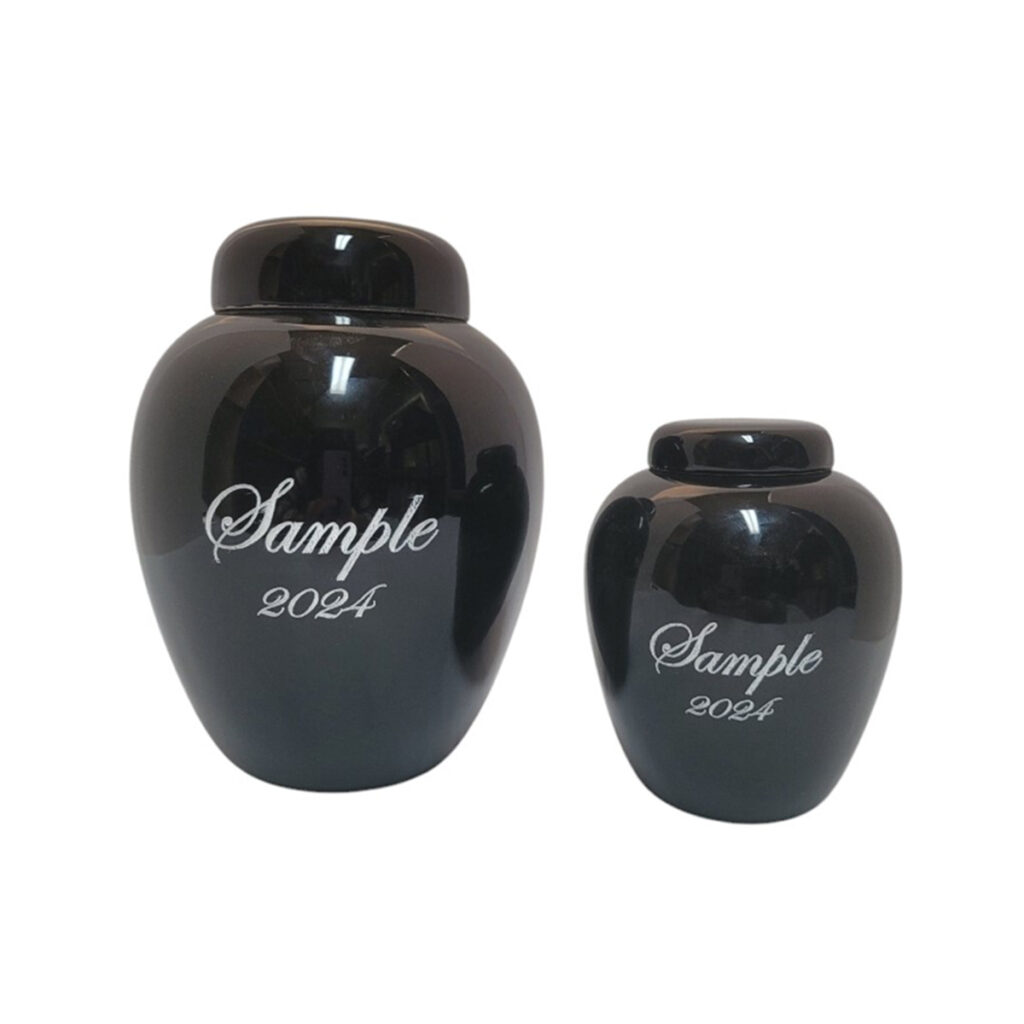 Etched Ceramic Urn - showing complimentary black small and large urns etched with Edwardian Script