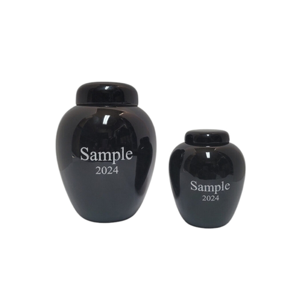 Etched Ceramic Urn - showing complimentary black small and large urns etched with Times New Roman