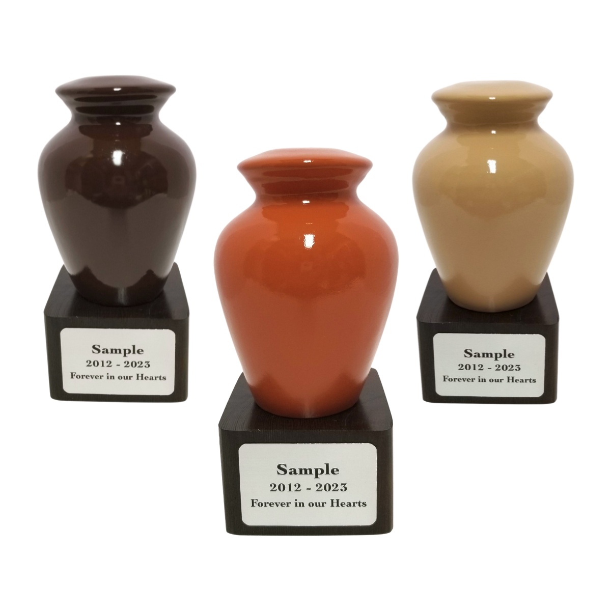 Ceramic Urn with Pedestal for cats - showing three colours: Brown, Terracotta and Beige